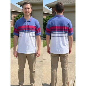 Vintage Penguin Club Polo Shirt XL Striped Colorblock Blue Red White Made in USA